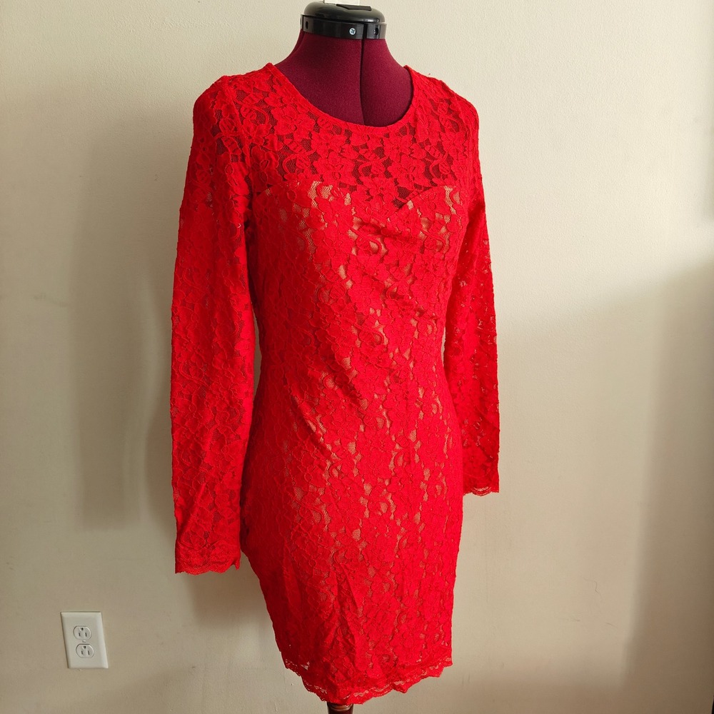 Express Mini Dress Red Lace Long Sleeve Backless Scalloped‎ hem Cut Out Small